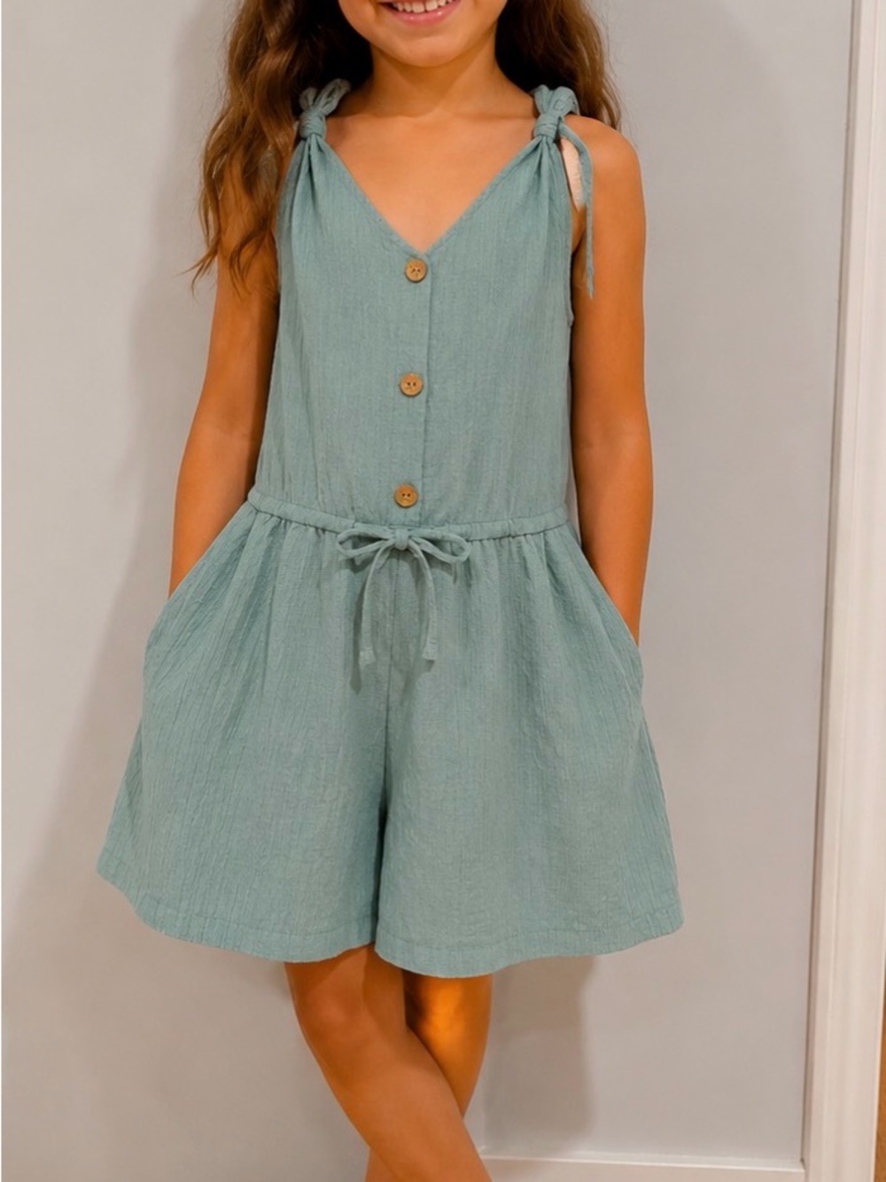 Girls Sage Green Tie-Shoulder One-Piece Romper